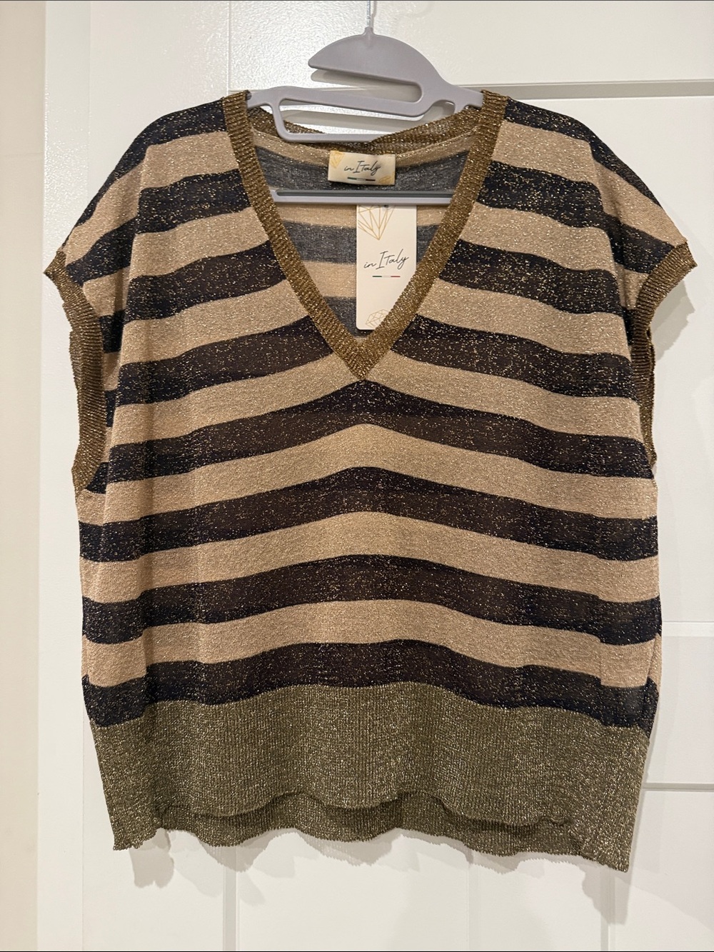Metallic Striped V-Neck Vest in Tan & Black by